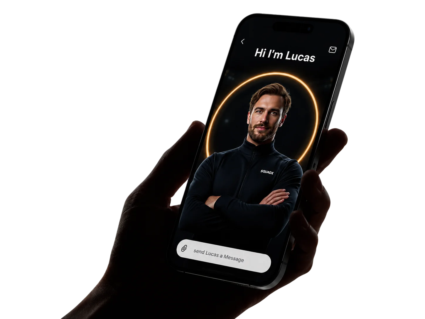 A phone showing SquadX with Coach Lucas on screen